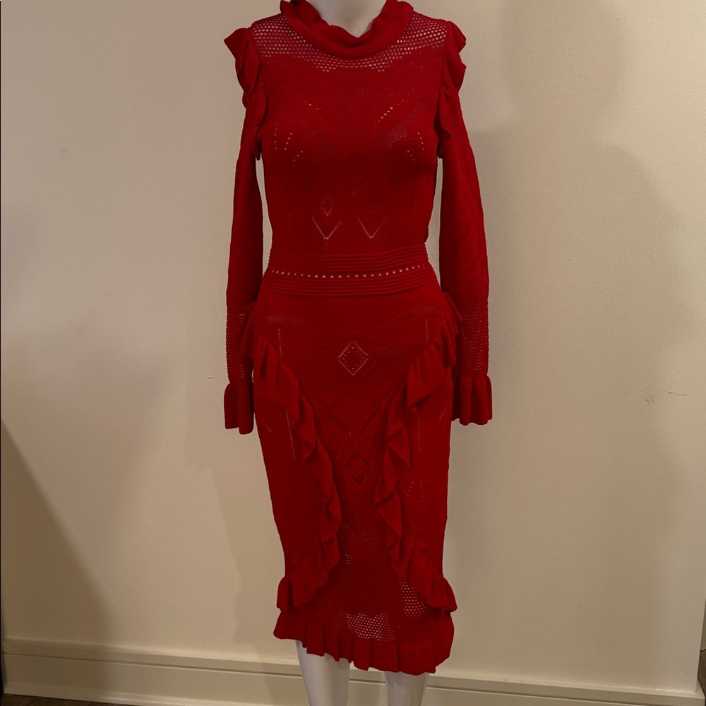 Alexis Red Long Sleeve Midi Dress Pointelle Knit
